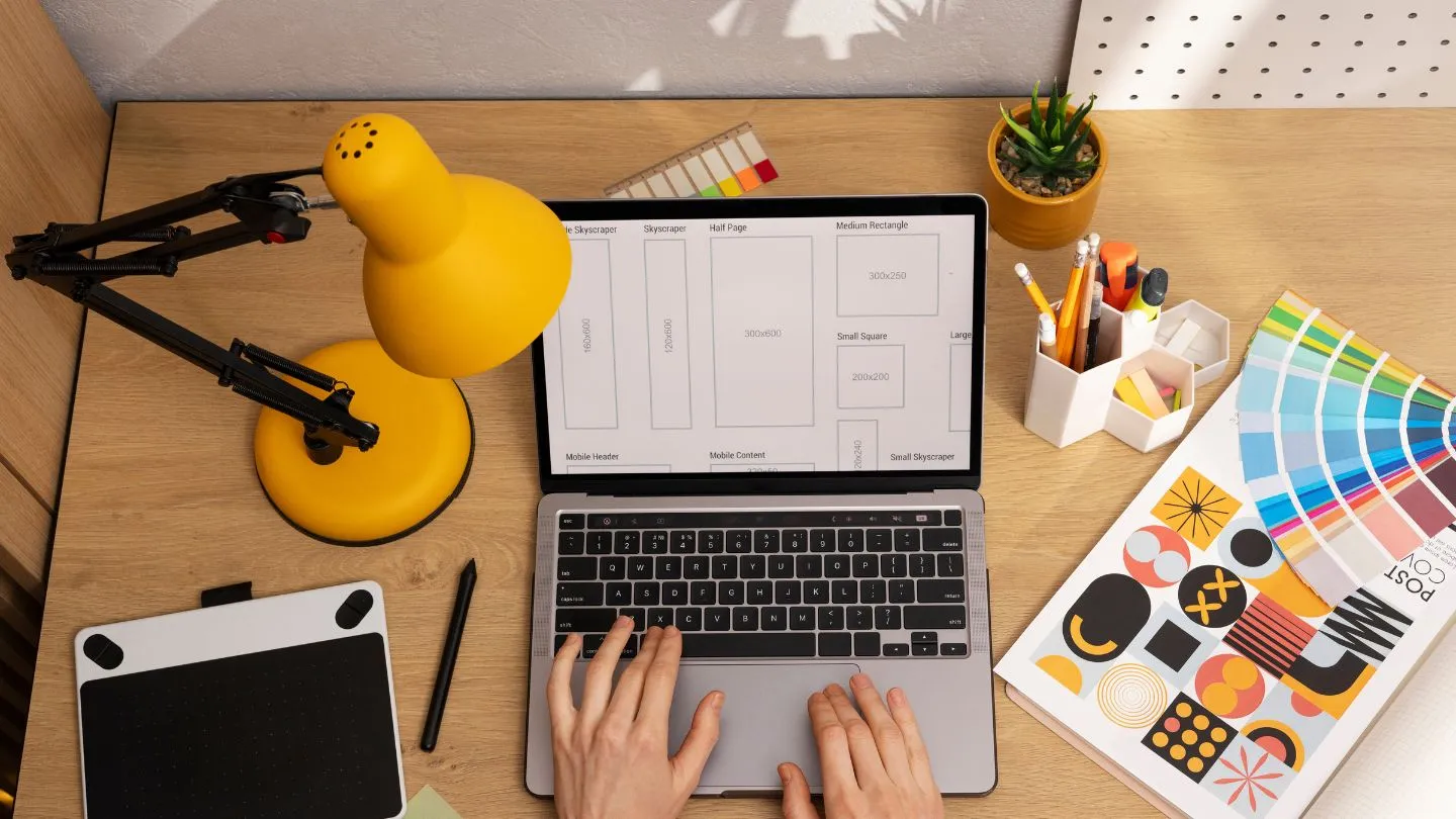 Graphic Design Workspace With Laptop And Tools