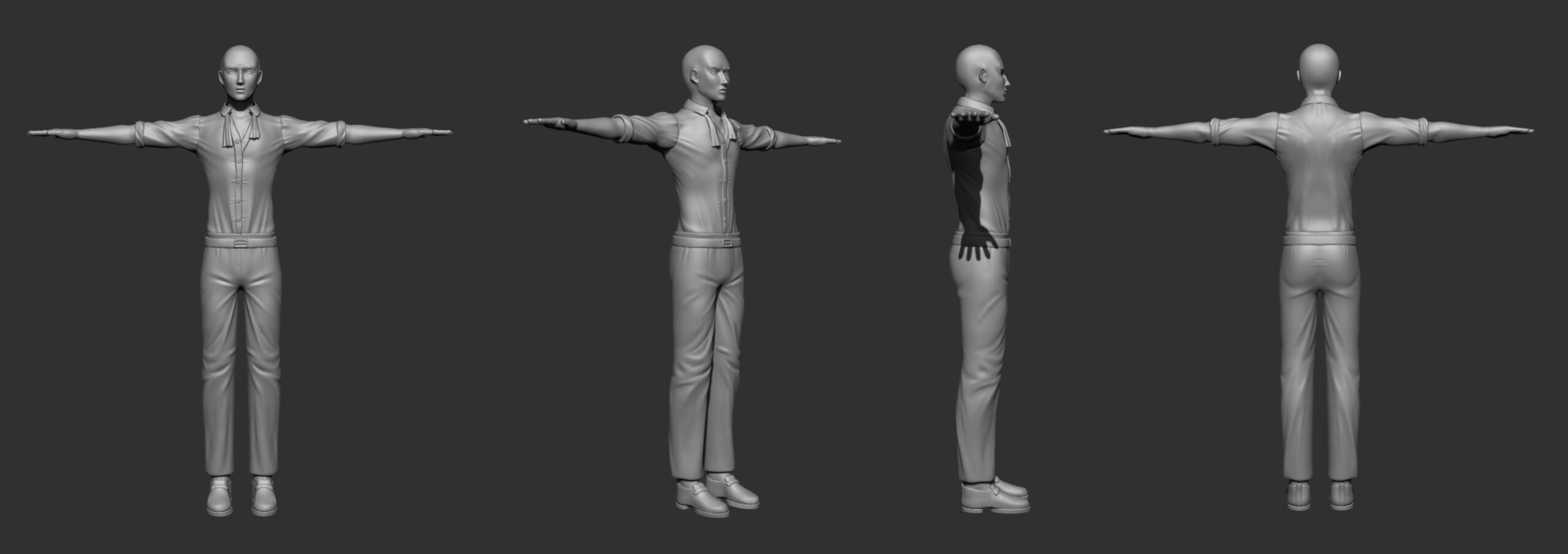 3D character turnaround of "The Gentleman" — front, three-quarter, side, and back views of a ZBrush sculpt wearing a collared shirt with neck tie, belted trousers, and lace-up boots.