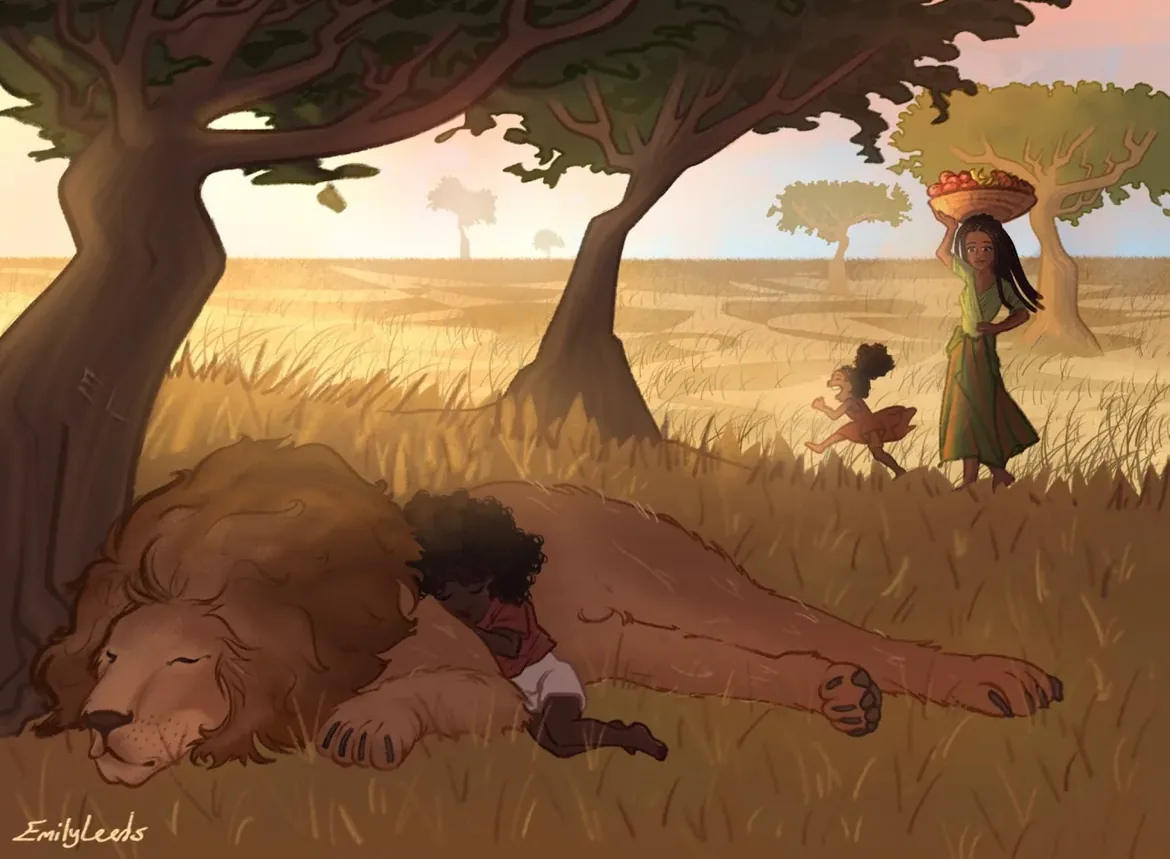 Digital illustration by Emily Leeds of children resting with a lion on the savanna