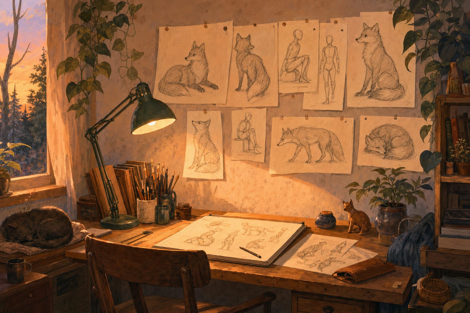 Warmly lit drawing desk with a lamp and pinned figure sketches shown from several angles