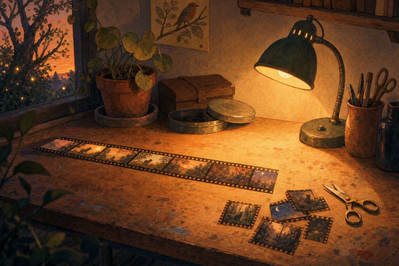 Evening editing desk with a lamp, a strip of film, small scissors, and trimmed film pieces set to one side