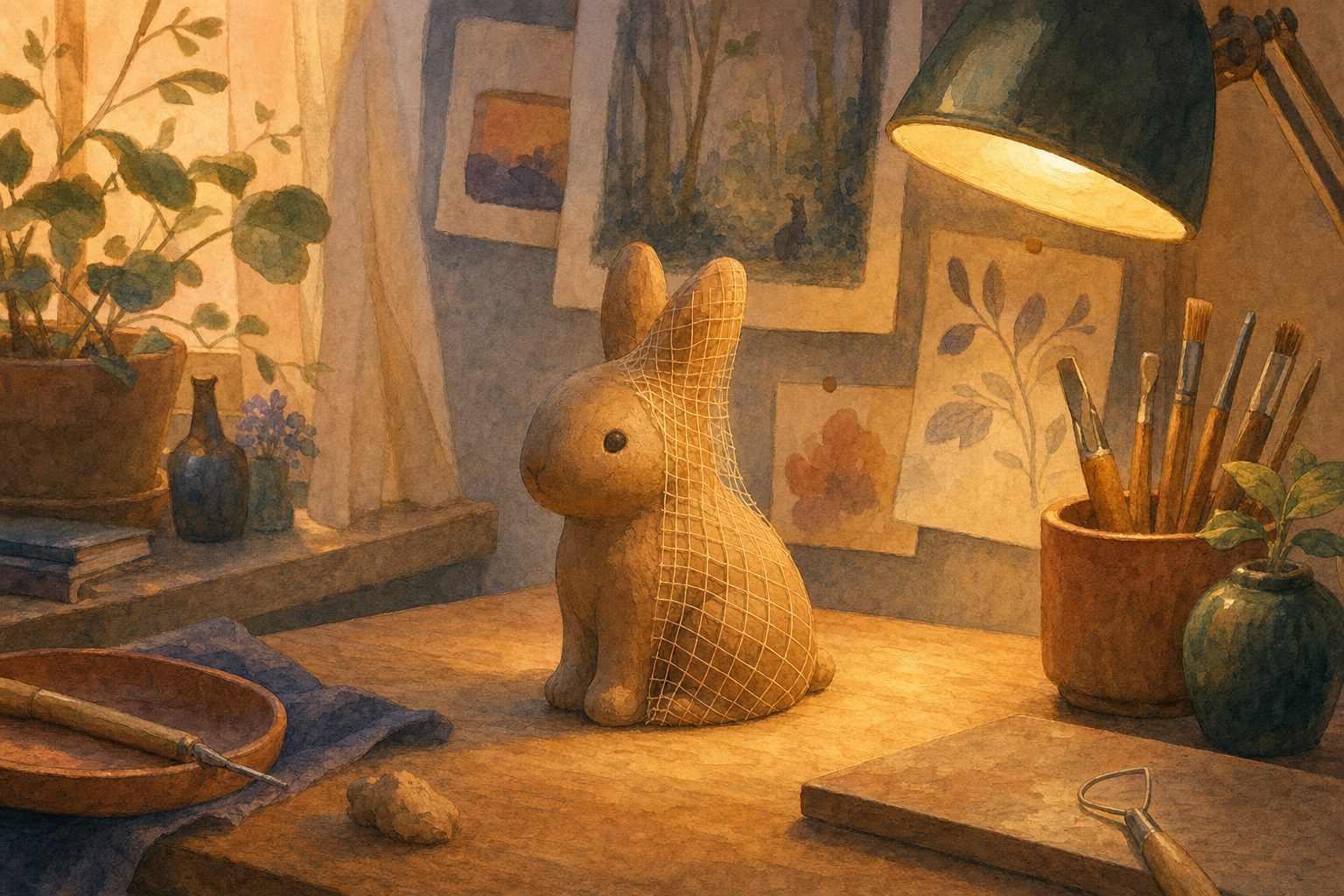 Small clay animal figure on a desk with a neat net of fine thread draped over one half, lit by a warm lamp