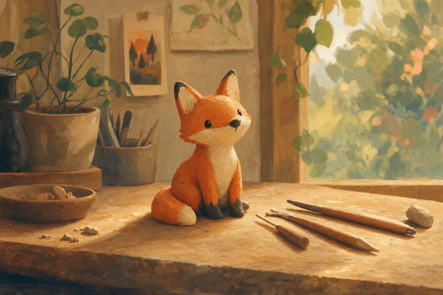 Small clay fox figure on a wooden worktable beside wooden sculpting tools in warm window light