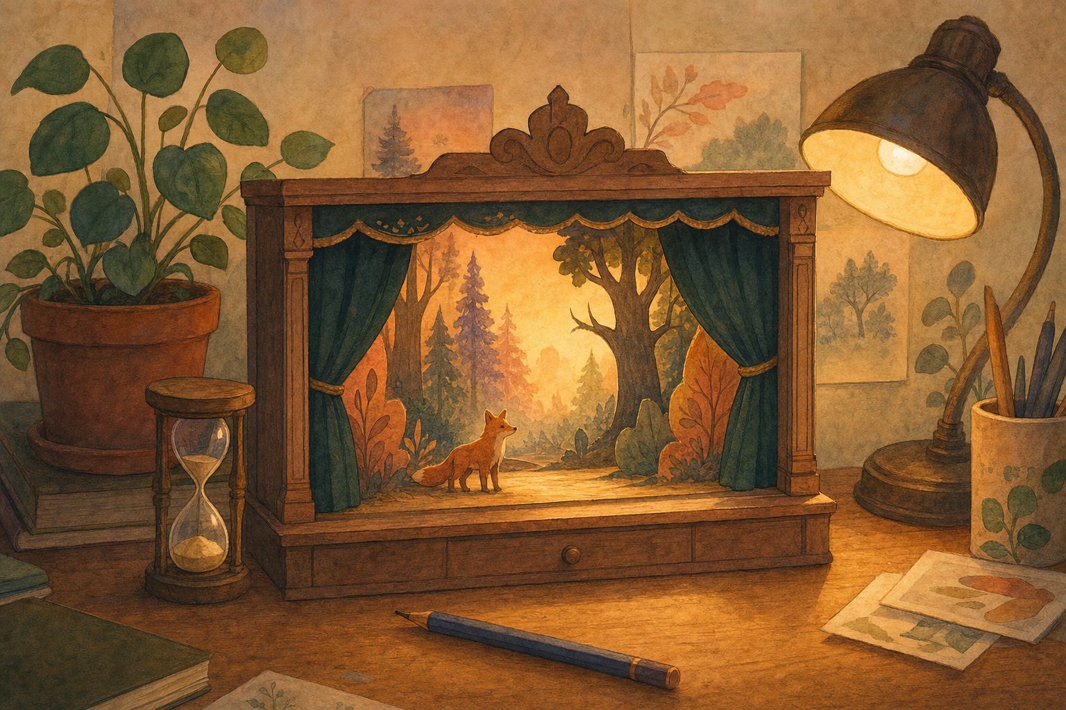 Miniature wooden theater stage on a writing desk beside a small hourglass and a pencil in warm lamp light
